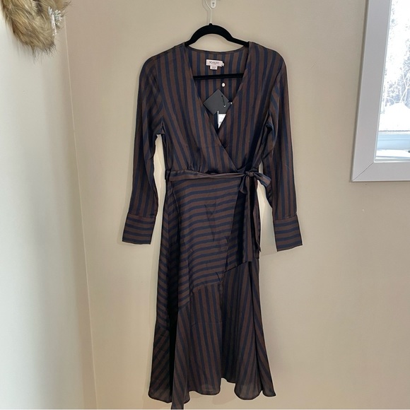 Soaked In Luxury Gina Striped Brown/Navy Blue Striped Wrap Dress, Size S, NWT - Picture 2 of 11